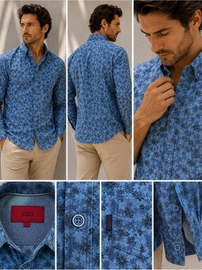 Red Project Shirt with Blue Floral Collar Trim